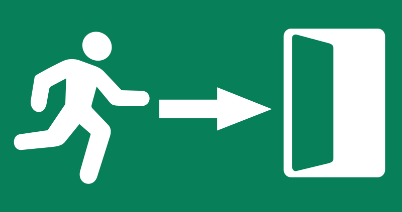 A person running towards an open door.  Between the person and the door is a white arrow, pointing at the door.
