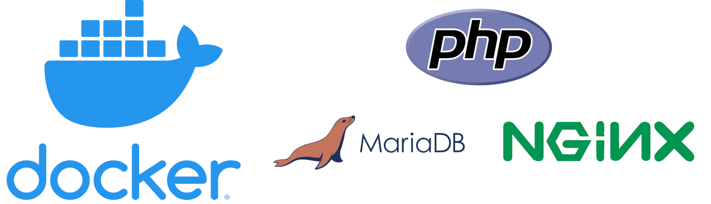 Collage of the Docker, PHP, MariaDB and Nginx logos.