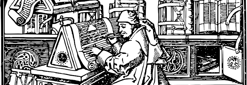 Black and white line drawing of an ancient scribe at work.  The man is using a pen to write on an upright parchment.