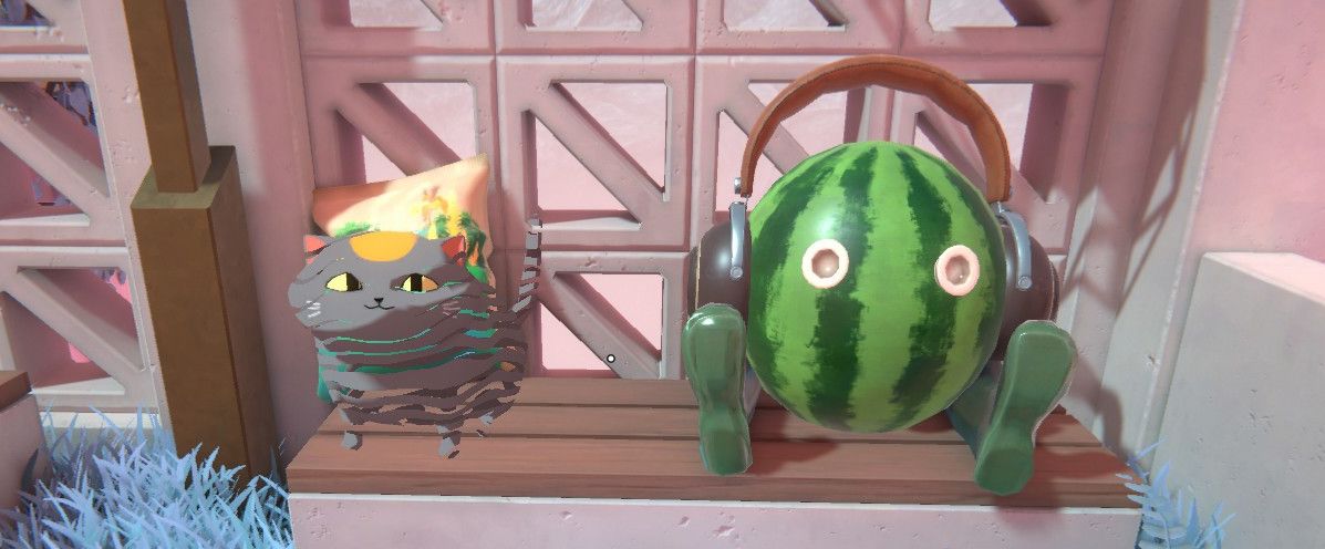 A cartoon cat called "Cait", and a watermellon wearing headphones on a bench.
