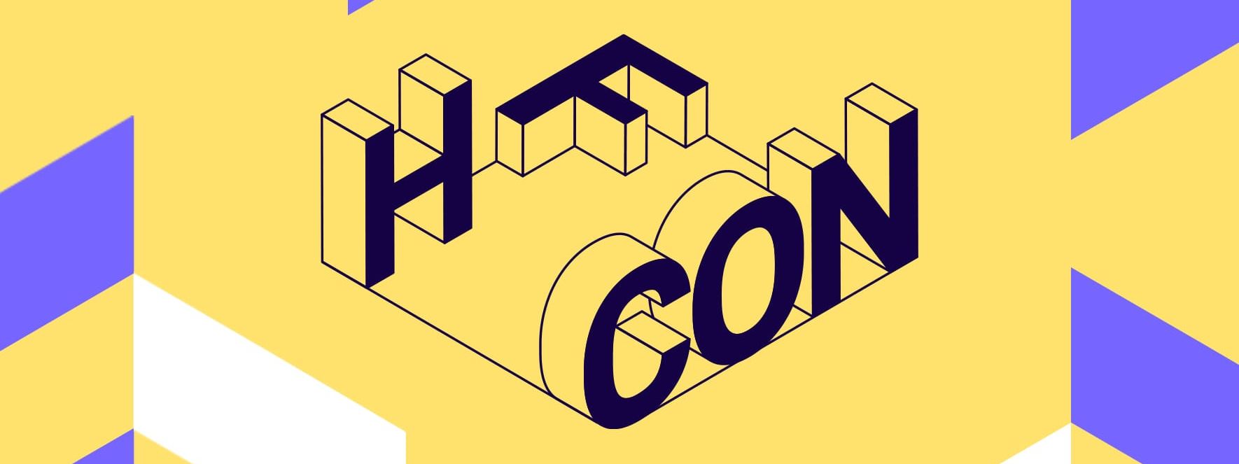 3d text saying "H F CON".The "F" is lying down.There is a pale yellow background with mauve & white shapes at the borders.