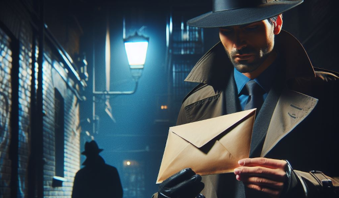 A man holding a brown envelope in an alleyway at night.  He is wearing a tan coloured trench coat and a black hat.