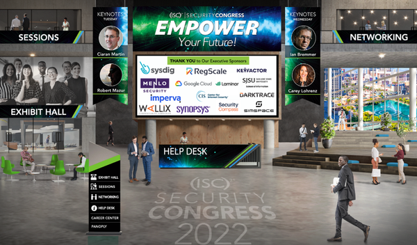 Screenshot of the (ISC)2 Security Congress 2022 virtual conference entry hall.  There are people walking around.