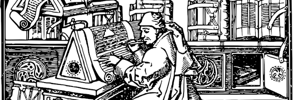 Black and white line drawing of an ancient scribe at work.  The man is using a pen to write on an upright parchment.