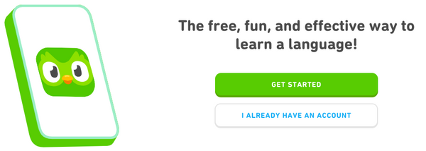 Screenshot from the Duolingo website.  Text reads "the free, fun, and effective way to learn a language!".