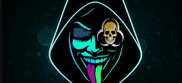 A cyan blue drawing of a face in a hoodie.The left eye contains text, the right has a biohazard symbol with a skull.The tongue is sticking out - half pink, half green.